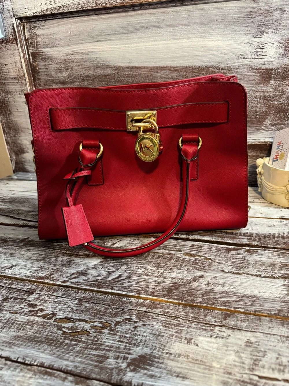 Michael Kors Red Saffiano Satchel with Gold-Tone Lock